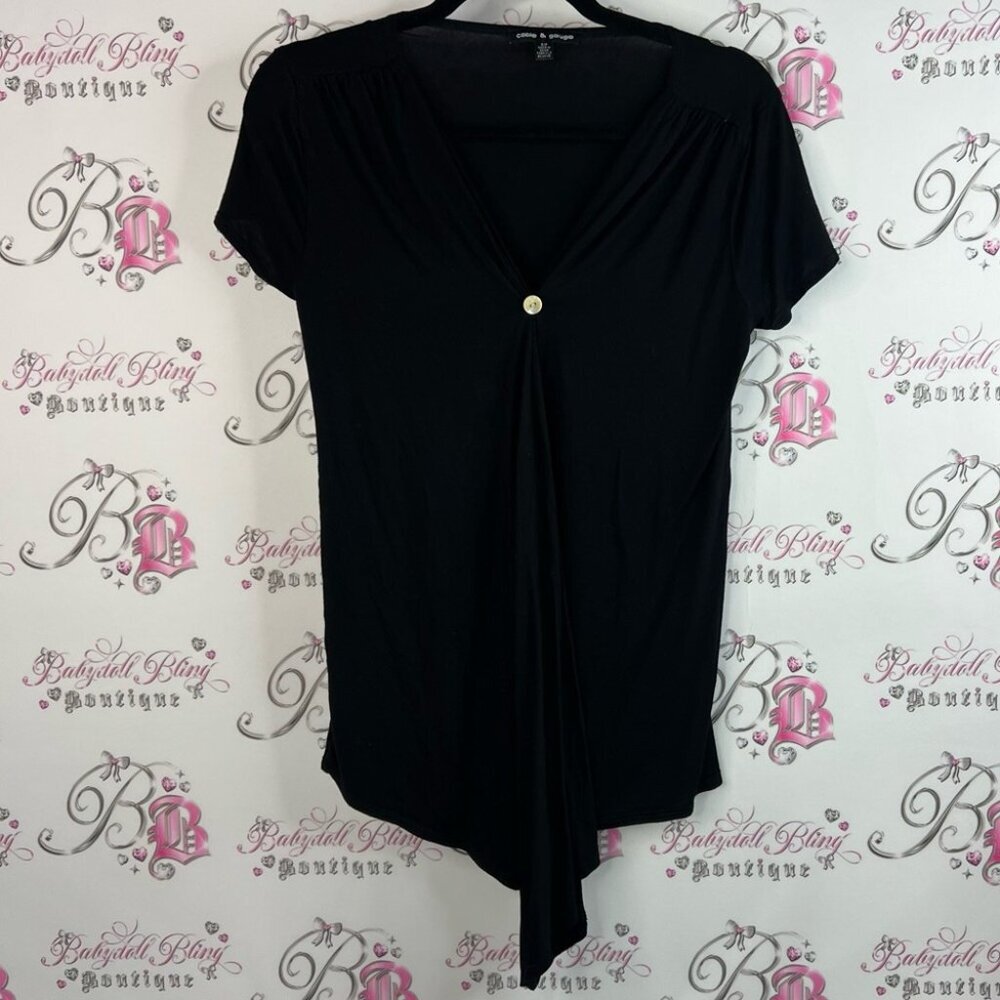 Cable & Gauge V neck button cinched detail soft Black Drape Front Blouse
